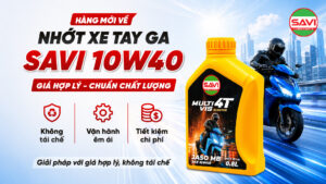 Nhớt xe tay ga SAVI 10W40 JASO MB chai 800ml – Giải pháp bôi trơn giá rẻ, không tái chế.