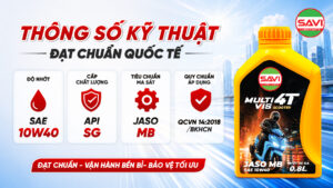 Mặt sau chai nhớt SAVI 10W40 thể hiện thông số API SG và JASO MB